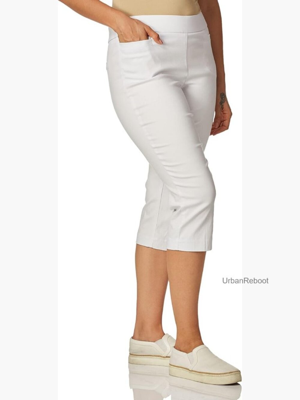 Pull on Stretch Capri Pants - High Waist Crop Straight Leg with Pockets 21"